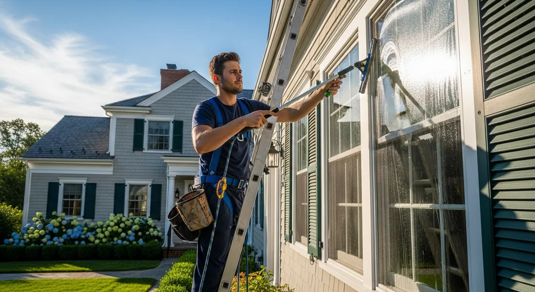 Time to Shine window cleaner detailing the exterior windows of a Las Vegas home