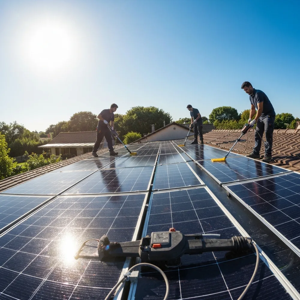 Time to Shine crew cleaning a residential solar panel array on a Las Vegas rooftop