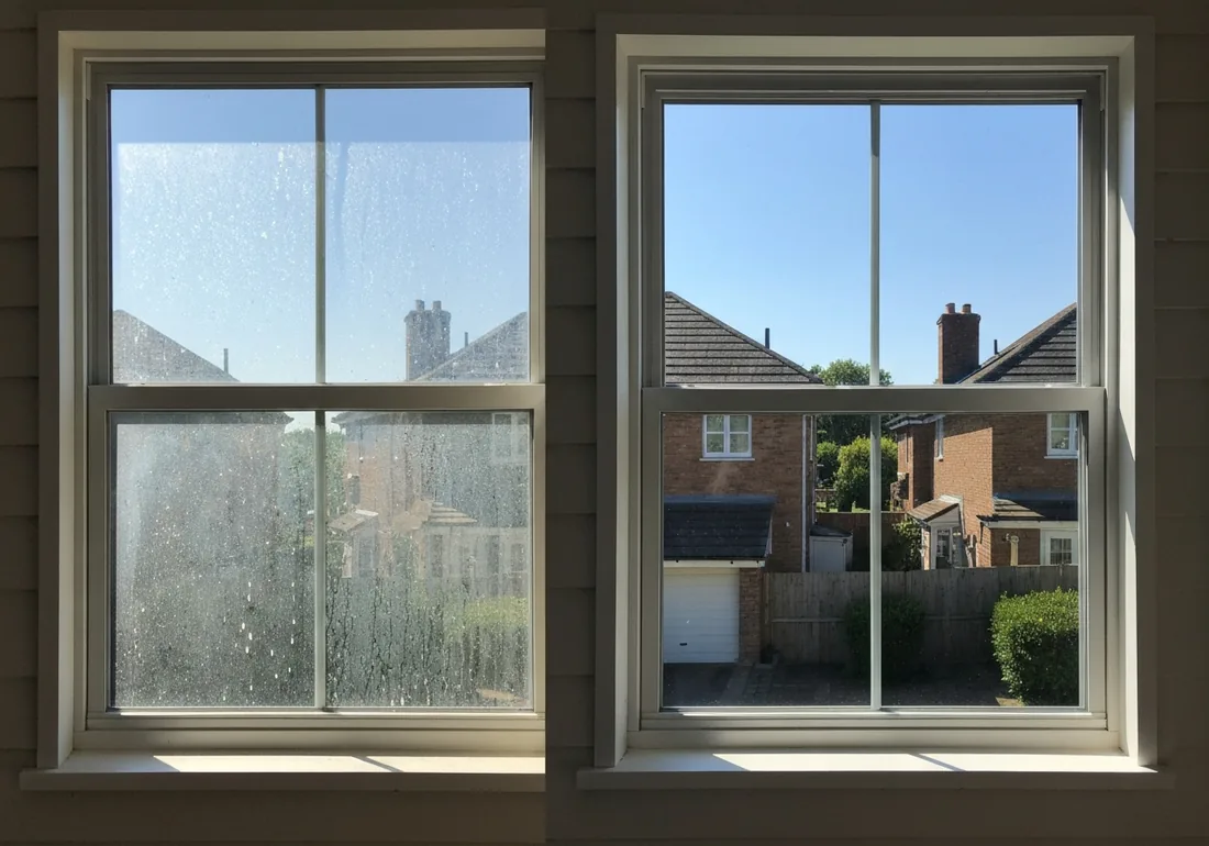 Before and after comparison of a Las Vegas window after hard water stain removal